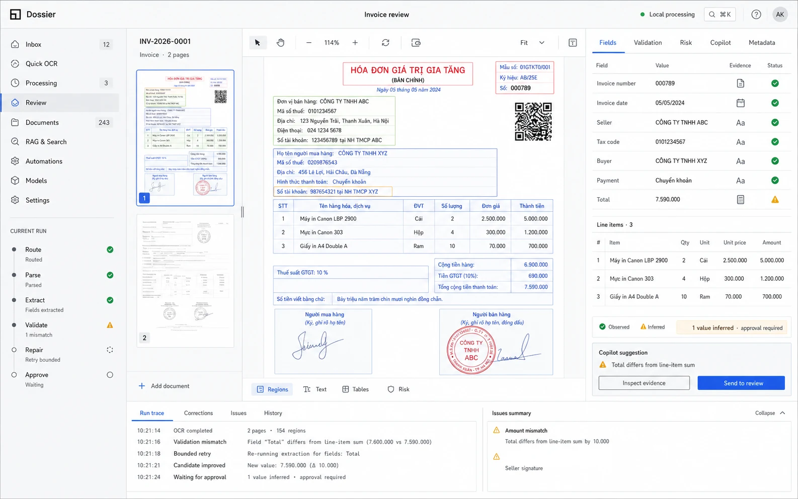 Dossier invoice review workspace