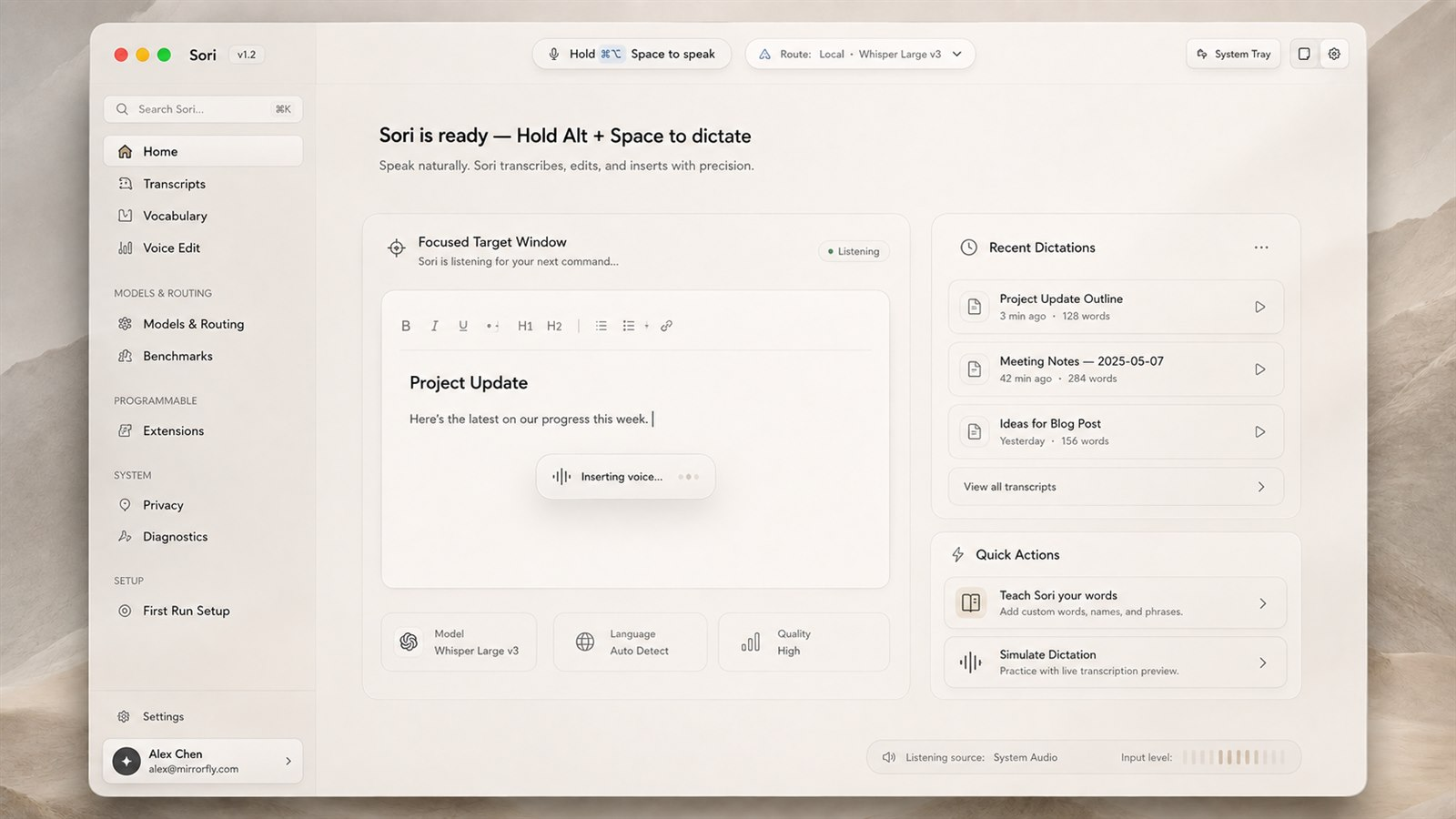 Sori desktop voice workspace